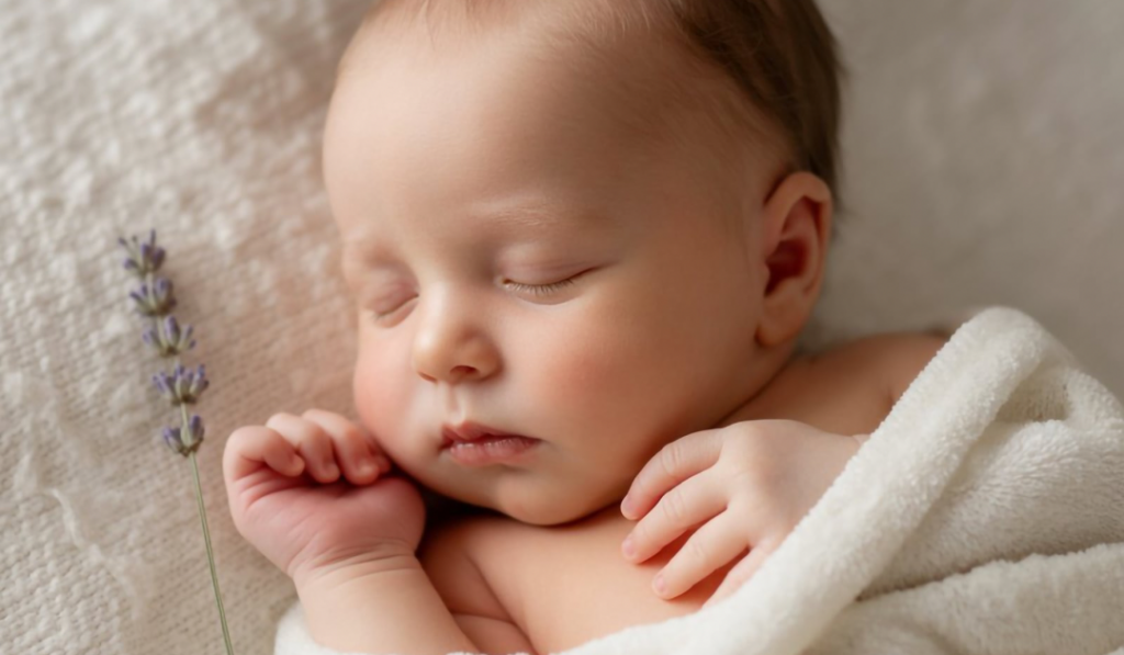 6-week-old infant sleeping peacefully during the breastfeeding turning point stage